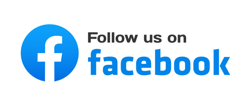 Blue circular Facebook logo with text "Follow us on facebook" in bold black and blue letters, promoting social media engagement.