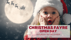 Child in a Santa hat, wide-eyed with surprise, against a moonlit background with Santa's sleigh and reindeer. Text highlights a Christmas Fayre event.