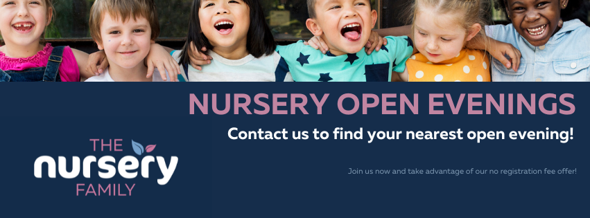Group of happy children smiling in front of a bright background, with text promoting nursery open evenings and registration offers.