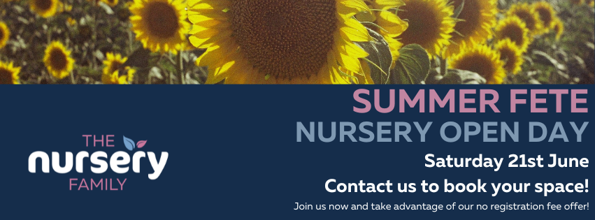 Bright sunflowers in the background with a dark blue banner featuring text promoting a summer fete and nursery open day.