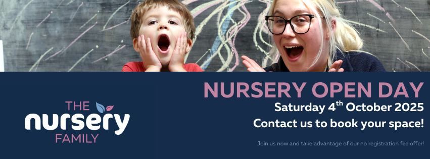 Excited child and smiling educator in a colorful, playful setting promote a Nursery Open Day on October 4th, 2025.