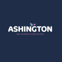 Logo for Ashington Day Nursery & Pre-school, featuring bold white text on a dark blue background with colorful leaf elements above the name.