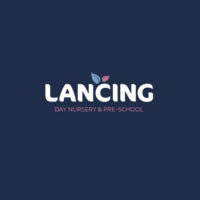 Lancing Day Nursery & Pre-school logo featuring bold white text on a navy background, with stylized leaves in light blue and pink accents.