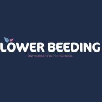 "Lower Beeding Day Nursery & Pre-school in bold white text on a dark blue background, featuring colorful leaf accents."
