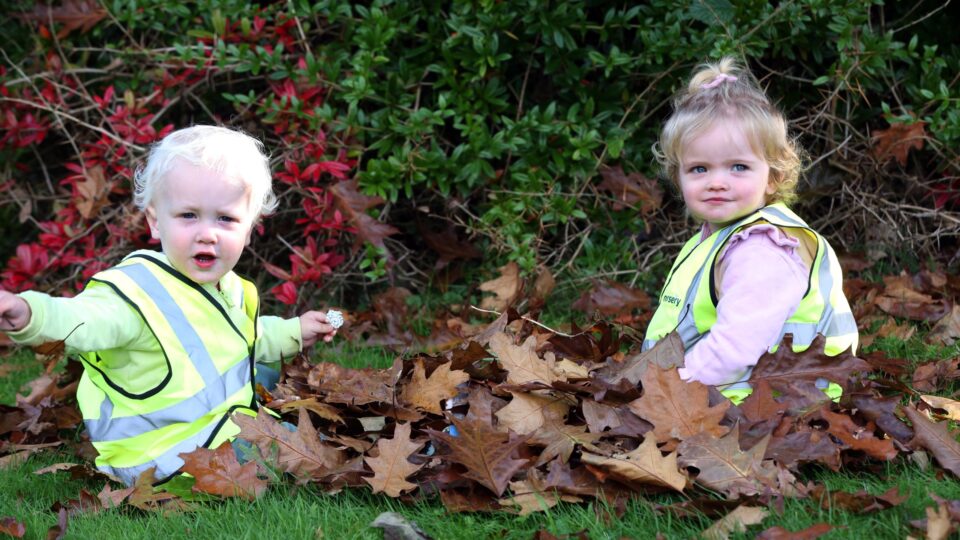 Two toddlers, one in a bright yellow vest and the other in a pink long-sleeve shirt, play joyfully in a pile of autumn leaves.