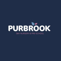Purbrook Day Nursery & Pre-School logo featuring bold white text on a deep blue background, accented by pink and teal leaf motifs.
