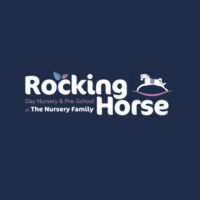 Logo for Rocking Horse Day Nursery & Pre-School, featuring playful typography and a rocking horse illustration on a dark blue background.